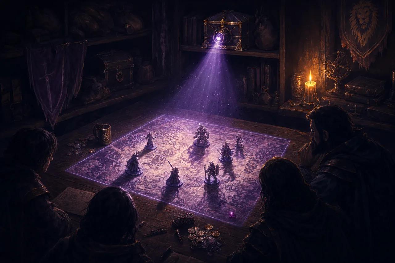 Illustration of a shelf-mounted projector beaming a glowing battle map down onto a wooden game table, with miniatures standing in the projected light